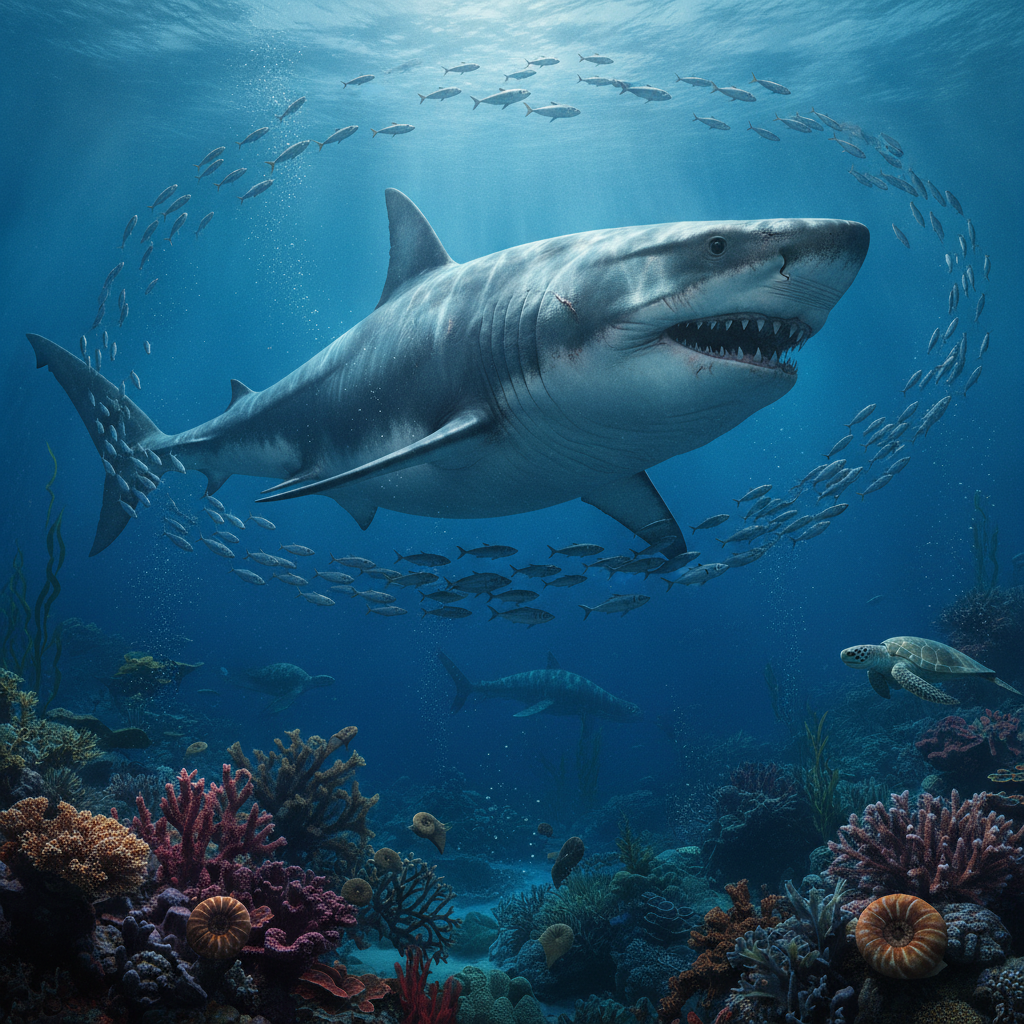 Otodus megalodon nel Suo Habitat Naturale Rappresentazione iperrealistica di Otodus megalodon in un antico oceano con dettagli anatomici e ambientali