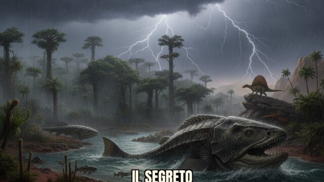 Rappresentazione iperrealistica di un paesaggio del Paleozoico Superiore con flora e fauna caratteristiche