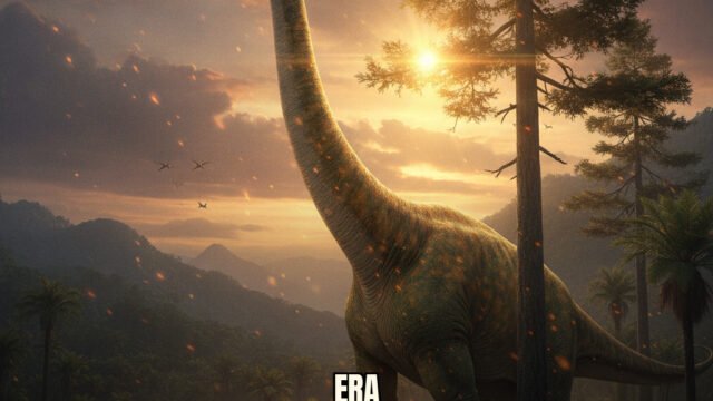 Ricostruzione iperrealistica di dinosauri nel Giurassico con flora e fauna dell'epoca