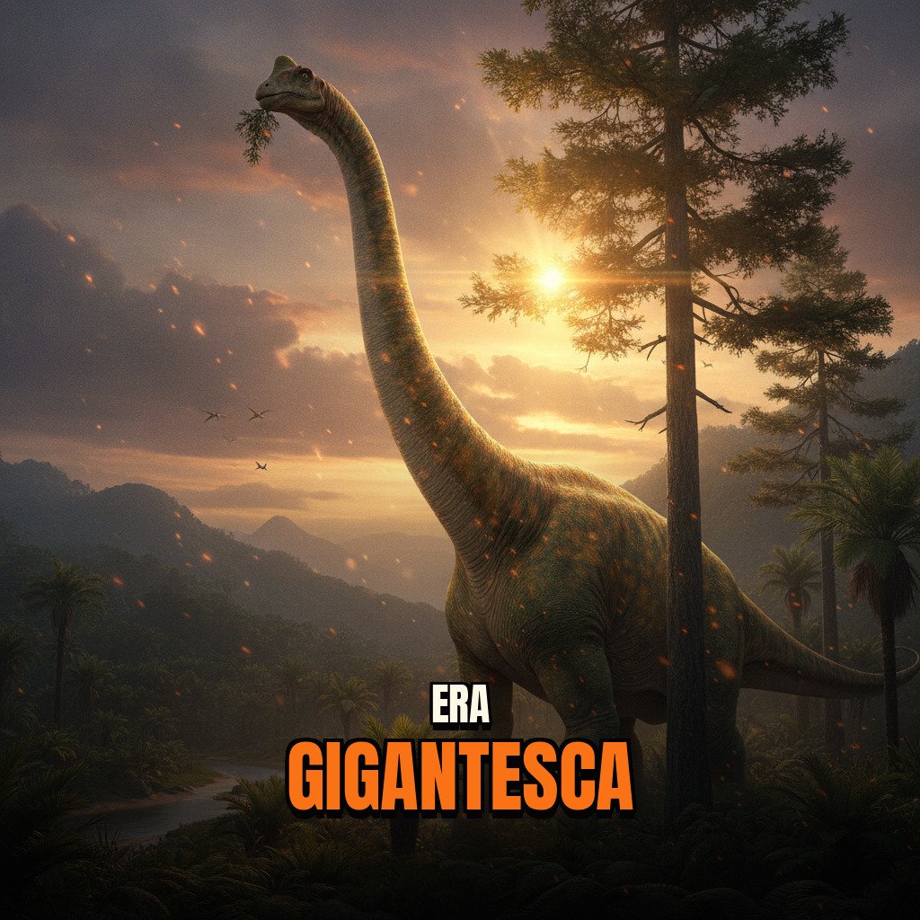Ricostruzione iperrealistica di dinosauri nel Giurassico con flora e fauna dell'epoca