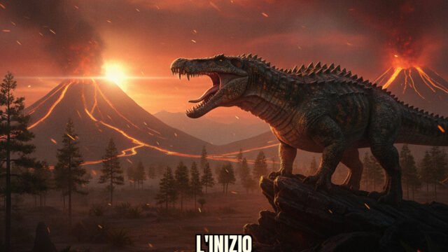 Ricostruzione paleoartistica di un paesaggio del Triassico con dinosauri e vegetazione lussureggiante