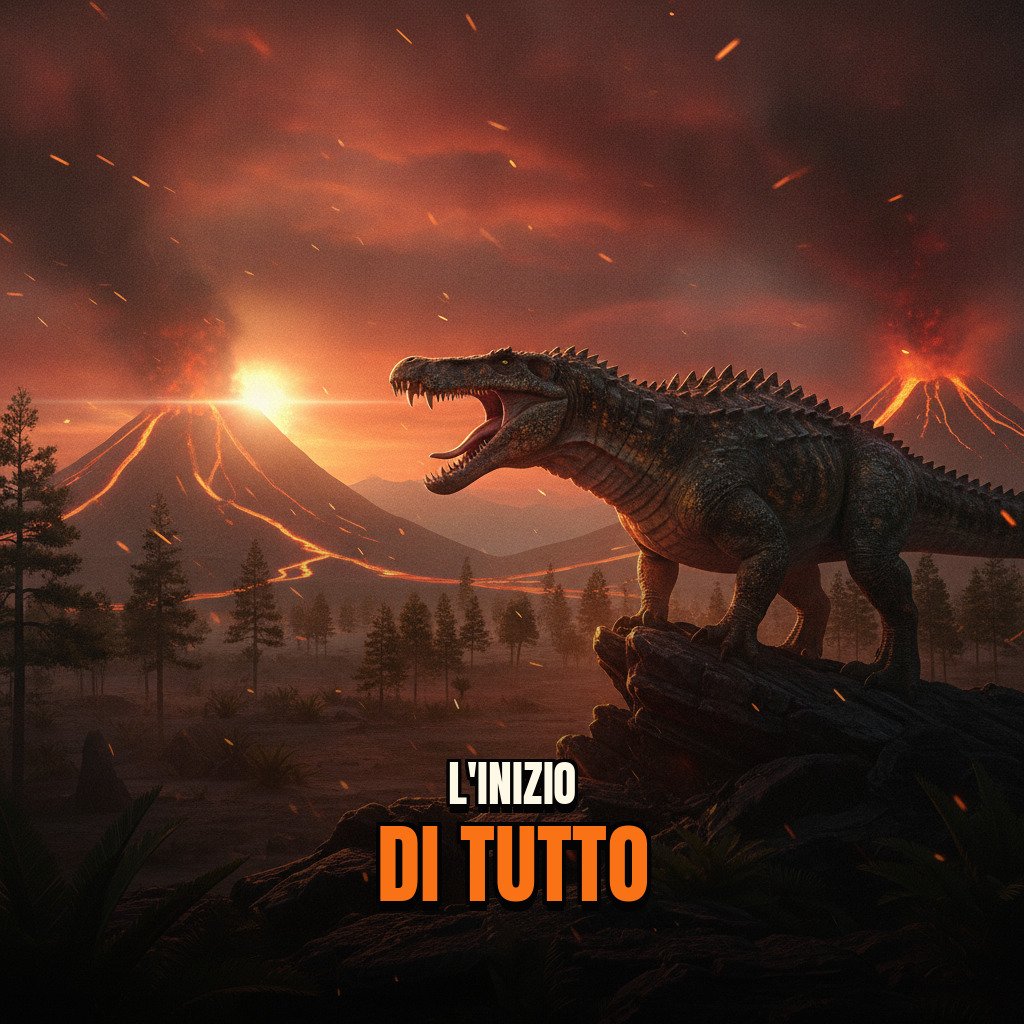 Ricostruzione paleoartistica di un paesaggio del Triassico con dinosauri e vegetazione lussureggiante