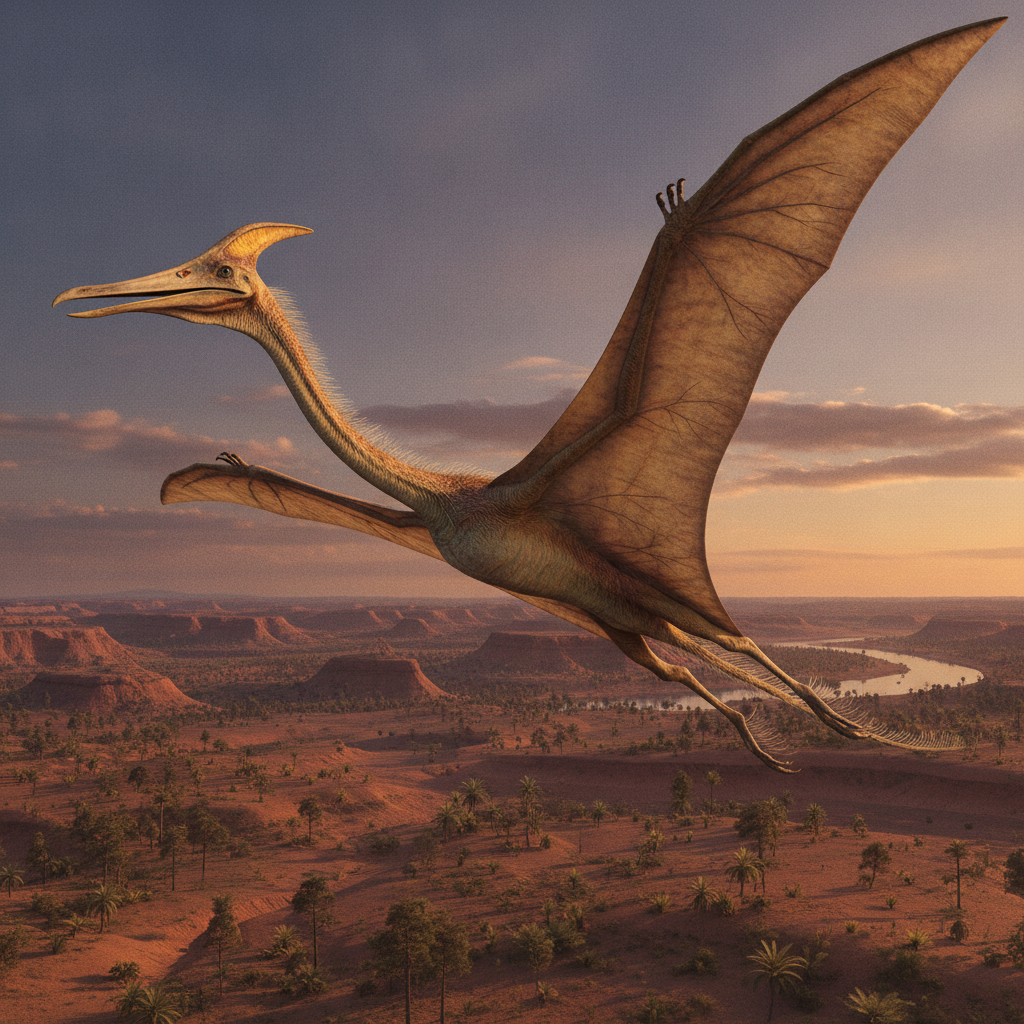 Quetzalcoatlus northropi in Volo Preistorico Quetzalcoatlus northropi in volo sopra un paesaggio preistorico, mostrando dettagli anatomici e texture della pelle
