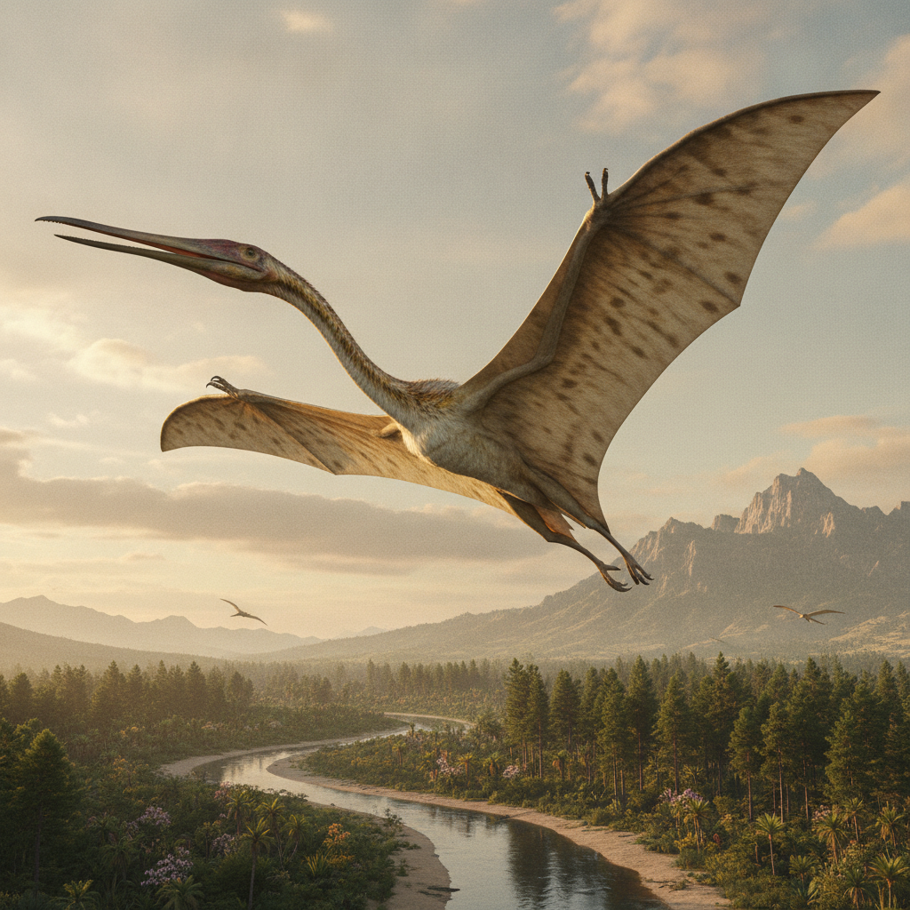 Quetzalcoatlus northropi in volo preistorico Ricostruzione iperrealistica del Quetzalcoatlus northropi in volo con dettagli anatomici e habitat preistorico