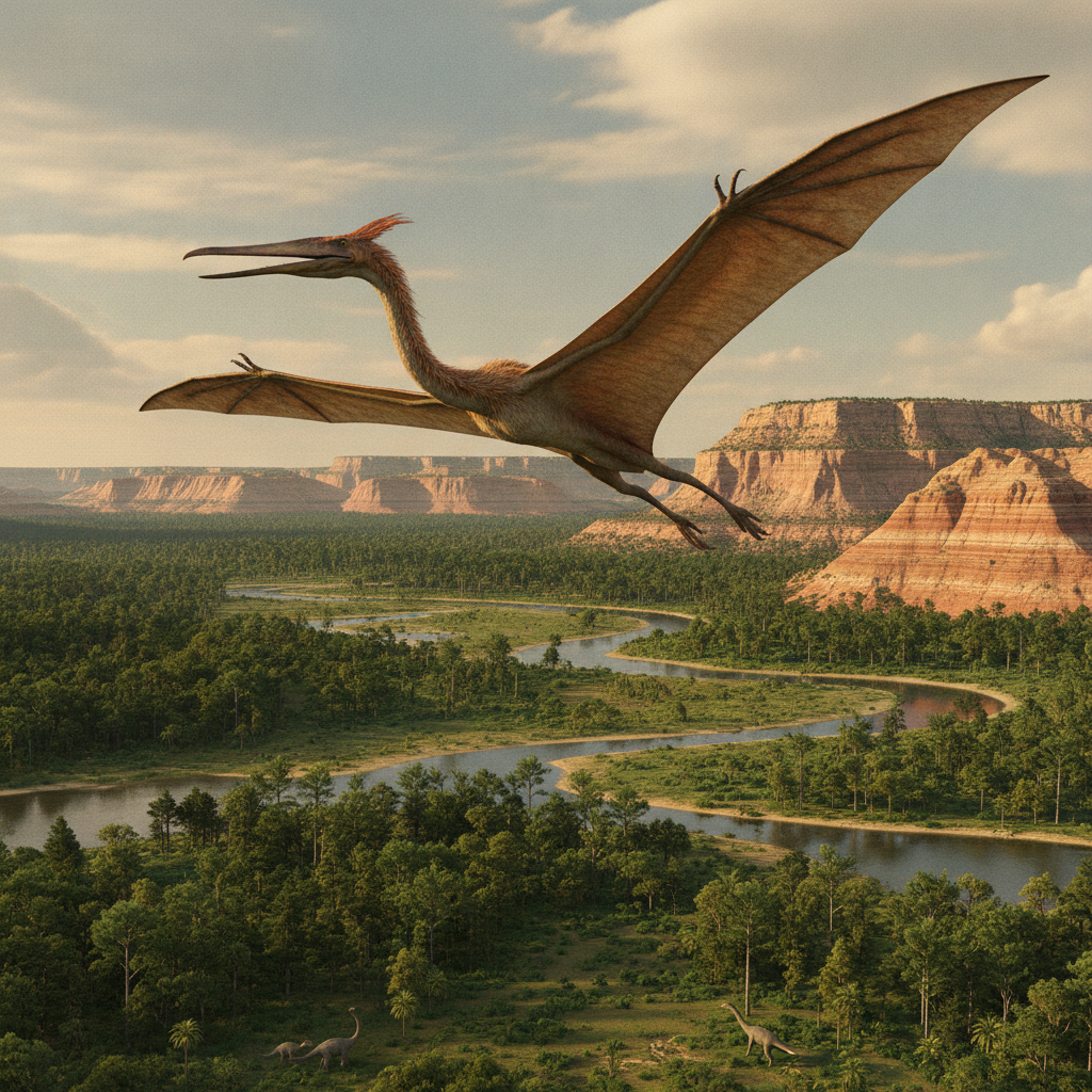 Quetzalcoatlus northropi nel Cretaceo Superiore Rappresentazione iper-realistica di Quetzalcoatlus northropi in un ambiente del Cretaceo Superiore con dettagli geologici