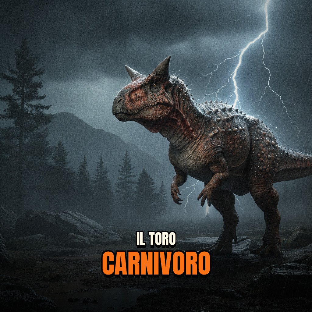 Ricostruzione iperrealistica di Carnotaurus sastrei nel suo habitat naturale con dettagli intricati della pelle