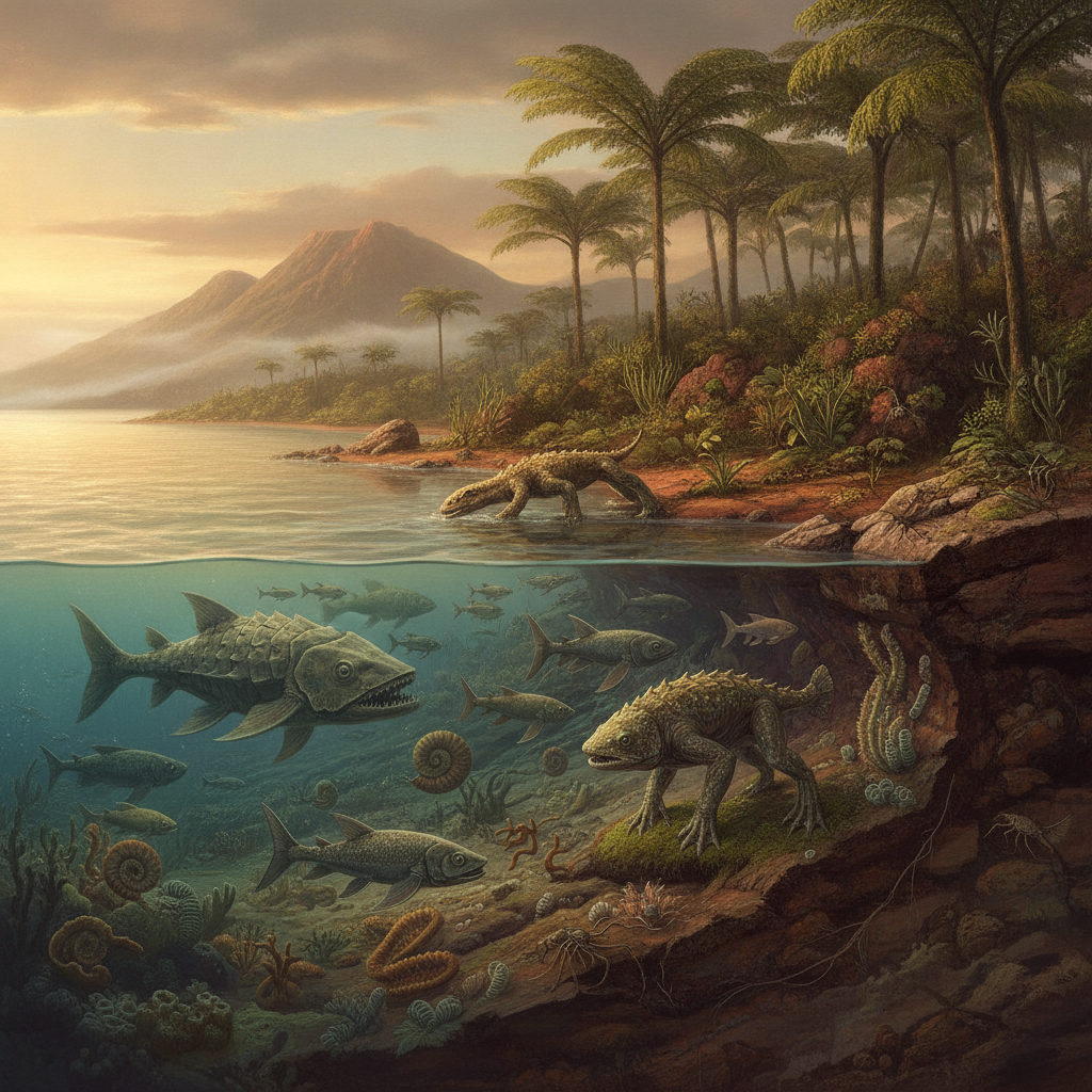 Ricostruzione paleoartistica di un ambiente devoniano con flora e fauna estinte in scena naturale
