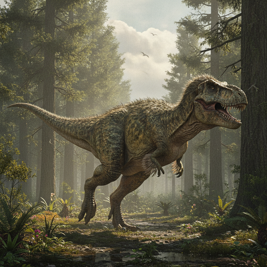 Raffigurazione dettagliata di un dinosauro in un ambiente naturale, con texture della pelle realistiche e illuminazione cinematografica