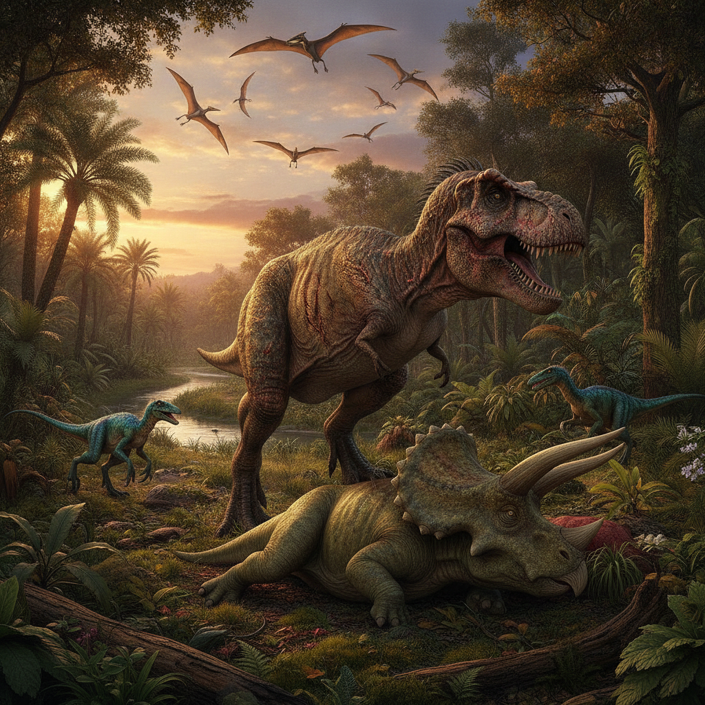 Ricostruzione dettagliata di dinosauri nel loro habitat naturale pre-estinzione con illuminazione cinematografica