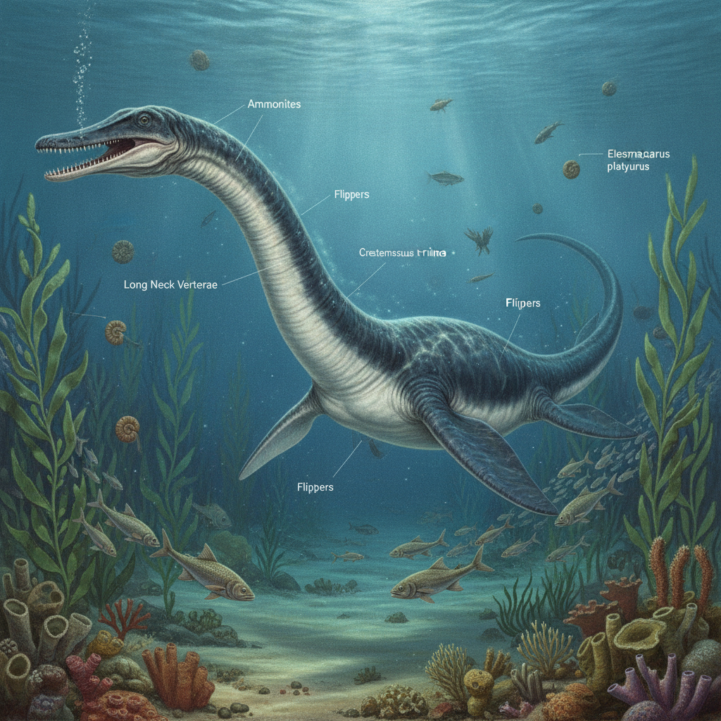 Elasmosaurus platyurus in un ambiente marino preistorico con dettagli anatomici iper-realistici e texture della pelle