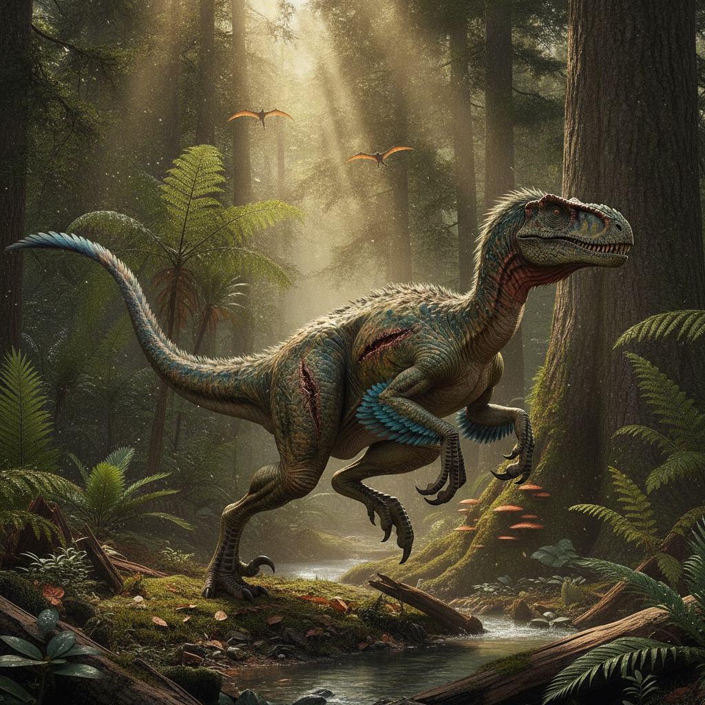 Ricostruzione Anatomica di un Dinosauro Cretaceo Dinosauro del Cretaceo in un habitat naturale, dettagli anatomici e texture della pelle evidenti