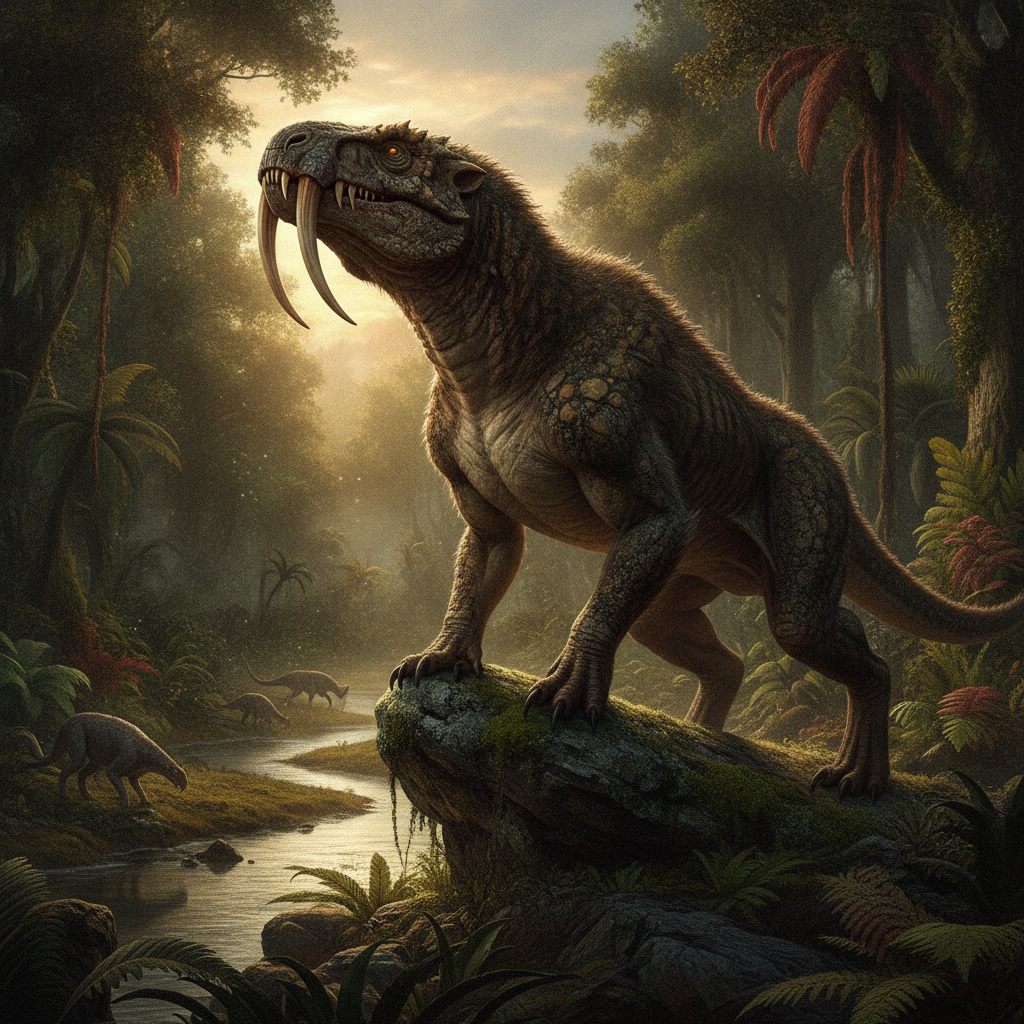 Therapsid del Permiano in un ambiente naturale con dettagli anatomici e texture della pelle iperrealistici