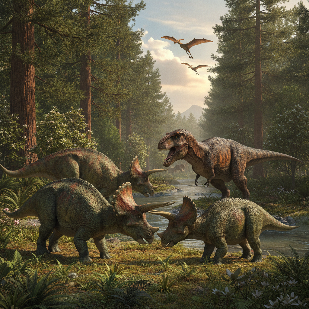 Ricostruzione del Cretaceo: Ecosistema e Specie Ricostruzione iperrealistica di dinosauri nel loro habitat naturale del Cretaceo con dettagli anatomici e ambientali