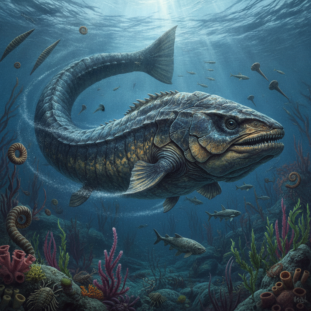 Ricostruzione iperrealistica di Dunkleosteus terrelli nel suo habitat marino preistorico, con dettagli della pelle e illuminazione naturale