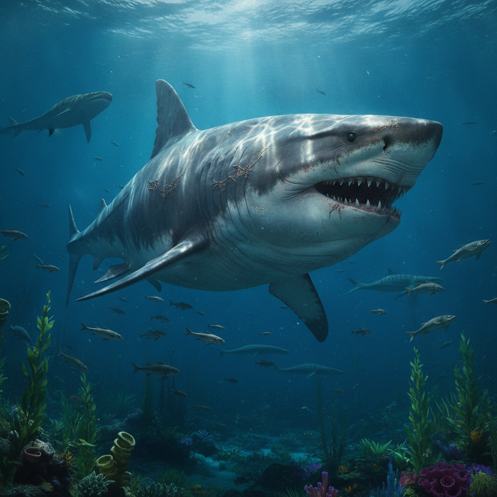 Ricostruzione del Megalodonte in Mare Preistorico Rappresentazione iper-realistica del megalodonte nel suo habitat oceanico preistorico con dettagli anatomici