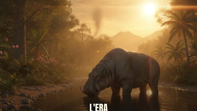 Ricostruzione iperrealistica di un ambiente del Paleogene con fauna preistorica e vegetazione lussureggiante