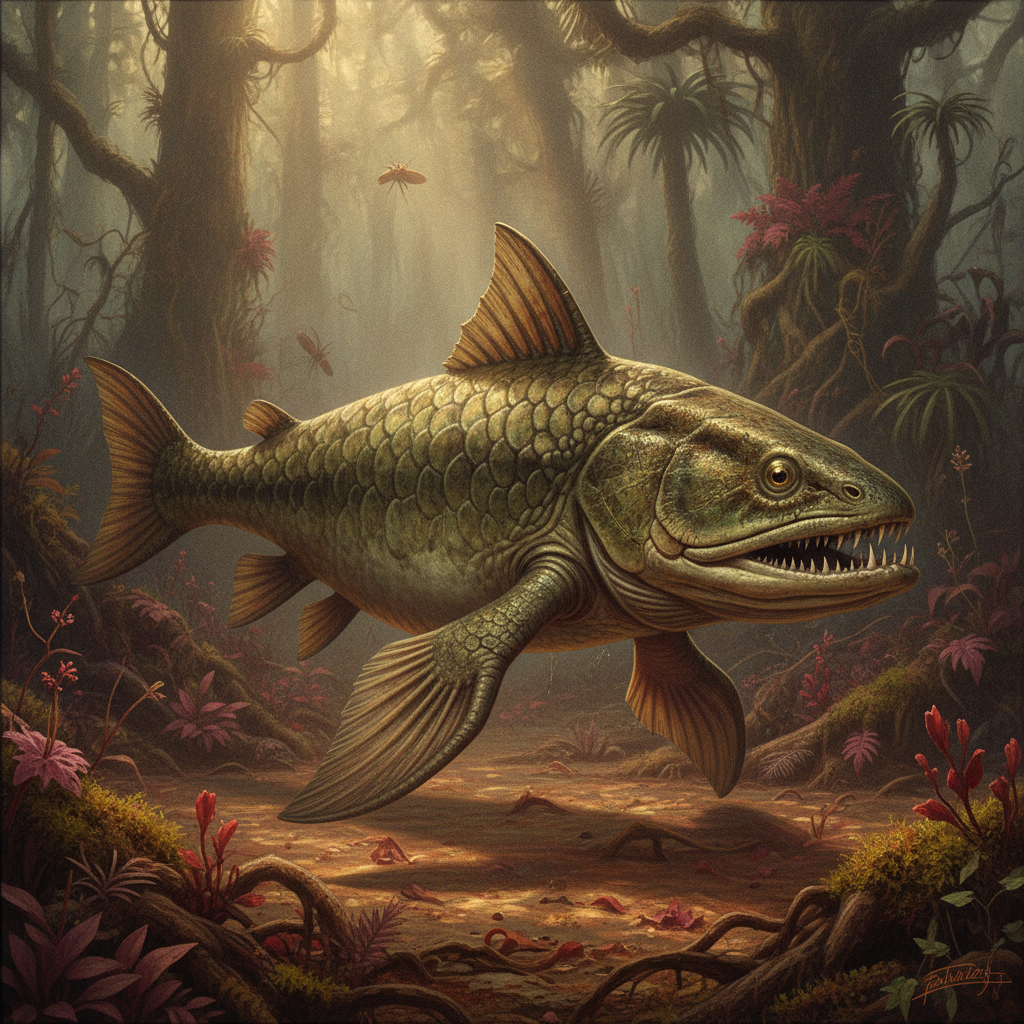Vertebrato preistorico del Devoniano in un ambiente paludoso con dettagli anatomici realistici e texture organiche
