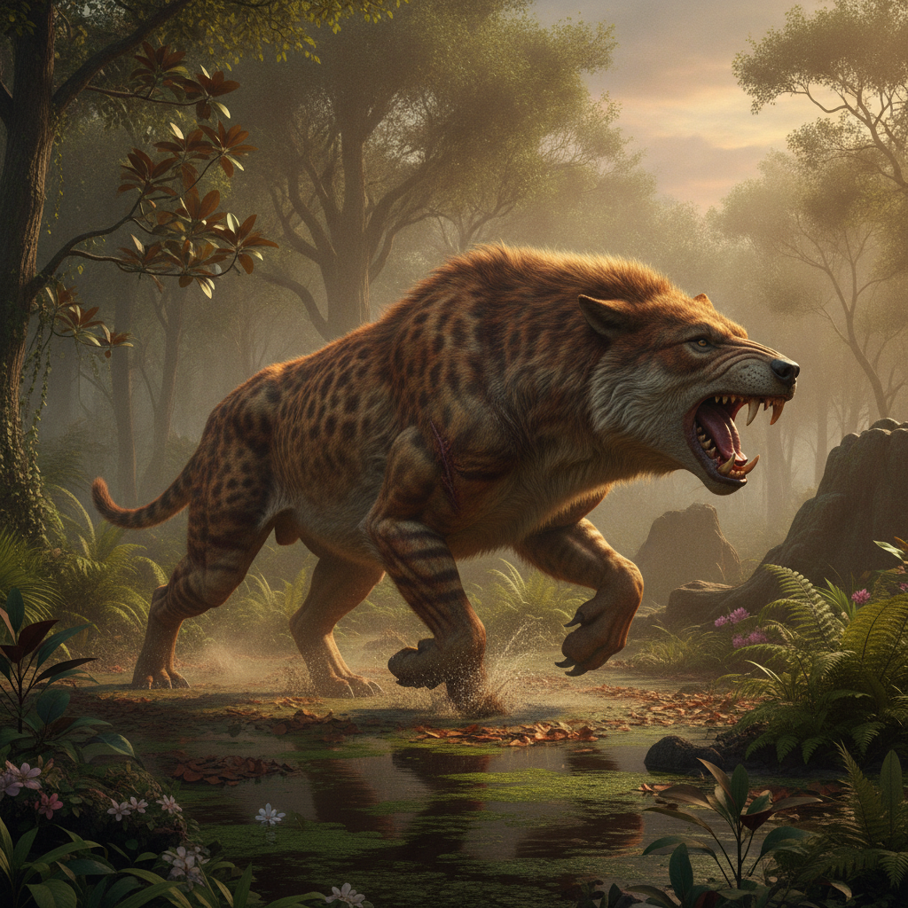 Ricostruzione iperrealistica di un animale del Paleogene nel suo habitat naturale con dettagli anatomici complessi