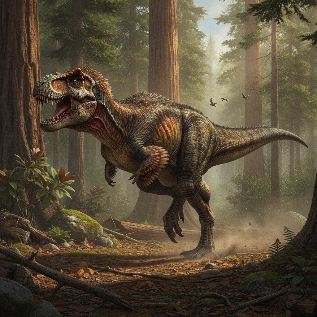 Dettagliata ricostruzione iperrealistica di un dinosauro in movimento nel suo habitat naturale con luce cinematografica