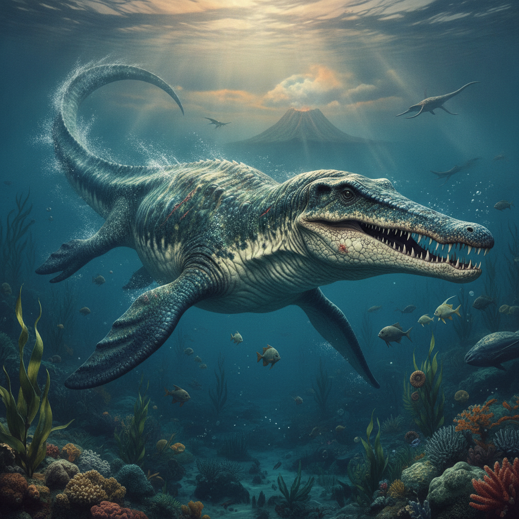 Ricostruzione Iperrealistica di Mosasaurus hoffmannii Mosasaurus hoffmannii in un ambiente marino preistorico con dettagli anatomici e texture della pelle complesse