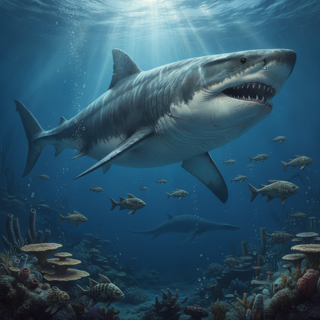 Ricostruzione Iperrealistica di Otodus megalodon Ricostruzione iperrealistica di Otodus megalodon nel suo habitat marino preistorico con dettagli intricati della pelle