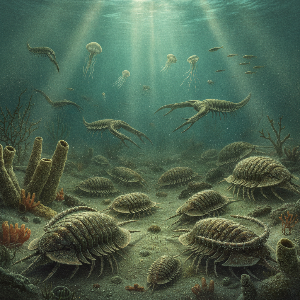 Trilobiti del Cambriano in un ambiente marino primordiale con dettagli iperrealistici e texture organiche