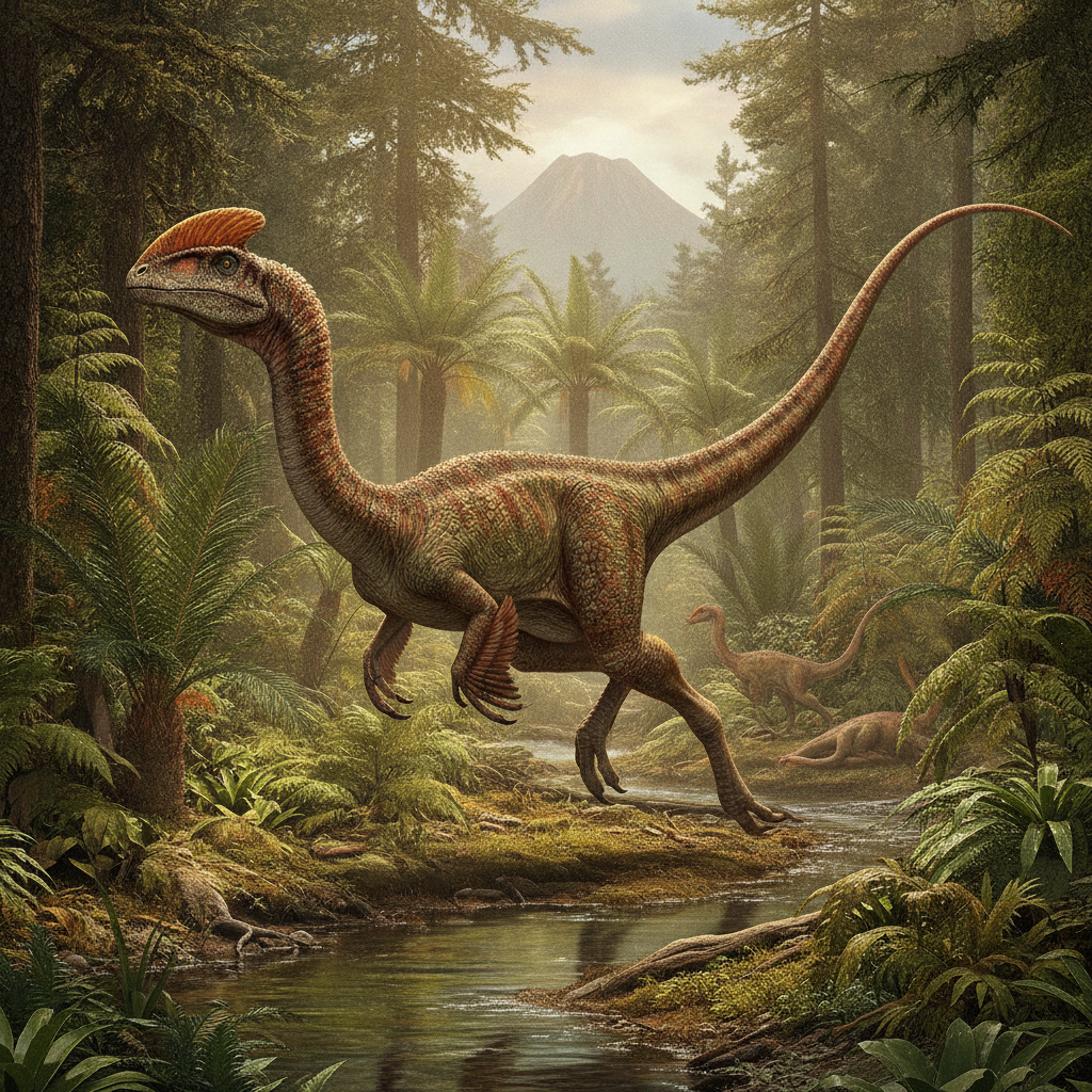 Dinosauro del Triassico in un paesaggio lussureggiante con dettagli anatomici e tessiture della pelle