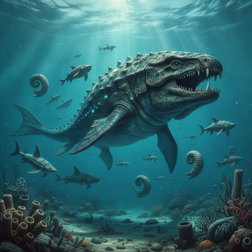Dunkleosteus terrelli in un ambiente marino preistorico con dettagli anatomici e texture realistiche