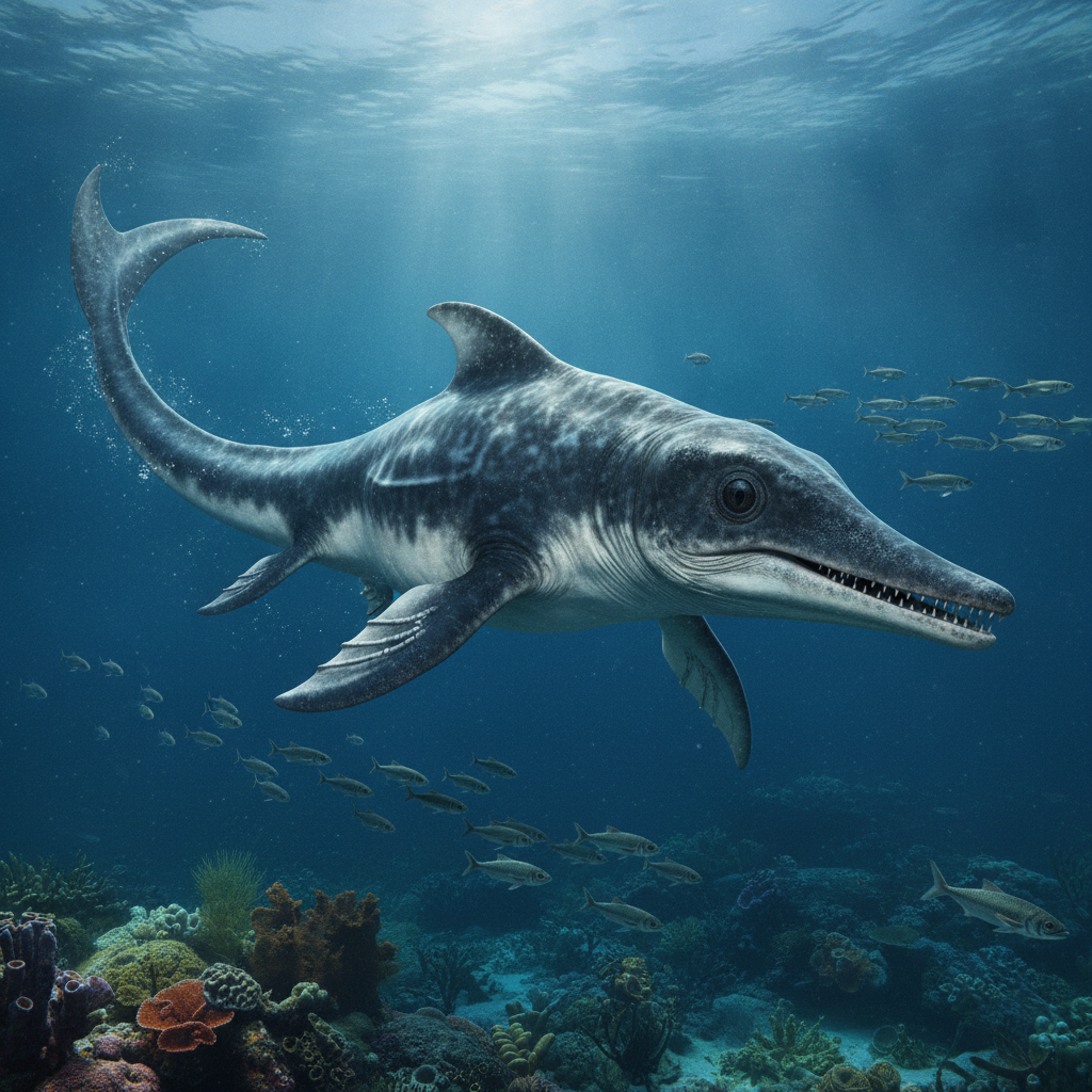 Ricostruzione Iperrealistica Ichthyosaurus communis Ricostruzione dettagliata di Ichthyosaurus communis nel suo habitat preistorico marino con illuminazione naturale