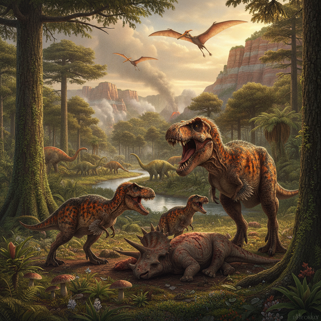 Ricostruzione iper-realistica di un ecosistema preistorico con fauna, flora e formazioni geologiche dettagliate