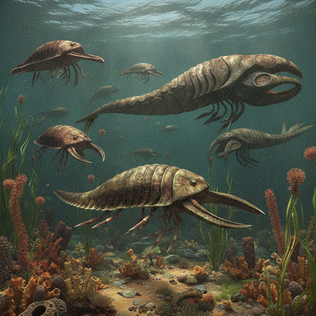 Ricostruzione iperrealistica di creature marine del Cambriano in un ambiente oceanico primordiale