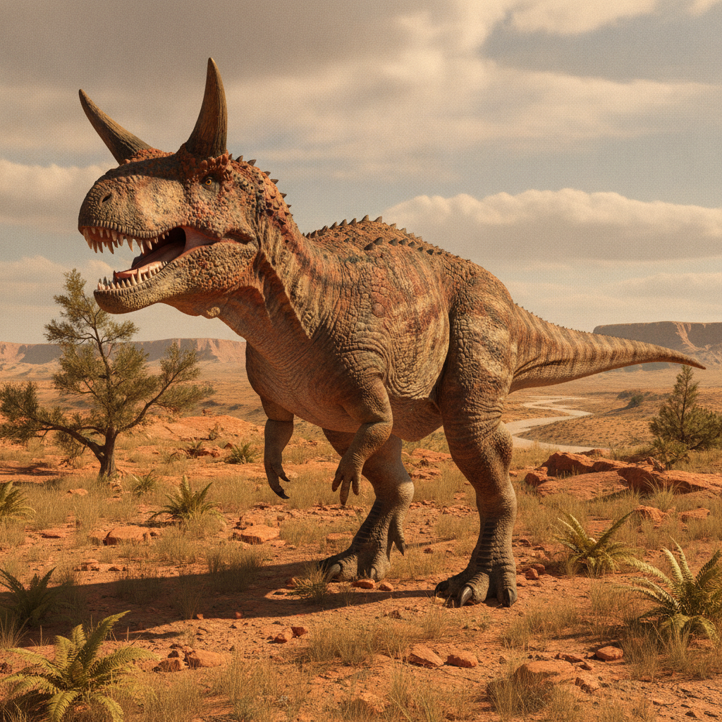 Ricostruzione iperrealistica del Carnotaurus sastrei nel suo habitat naturale con dettagli cutanei complessi