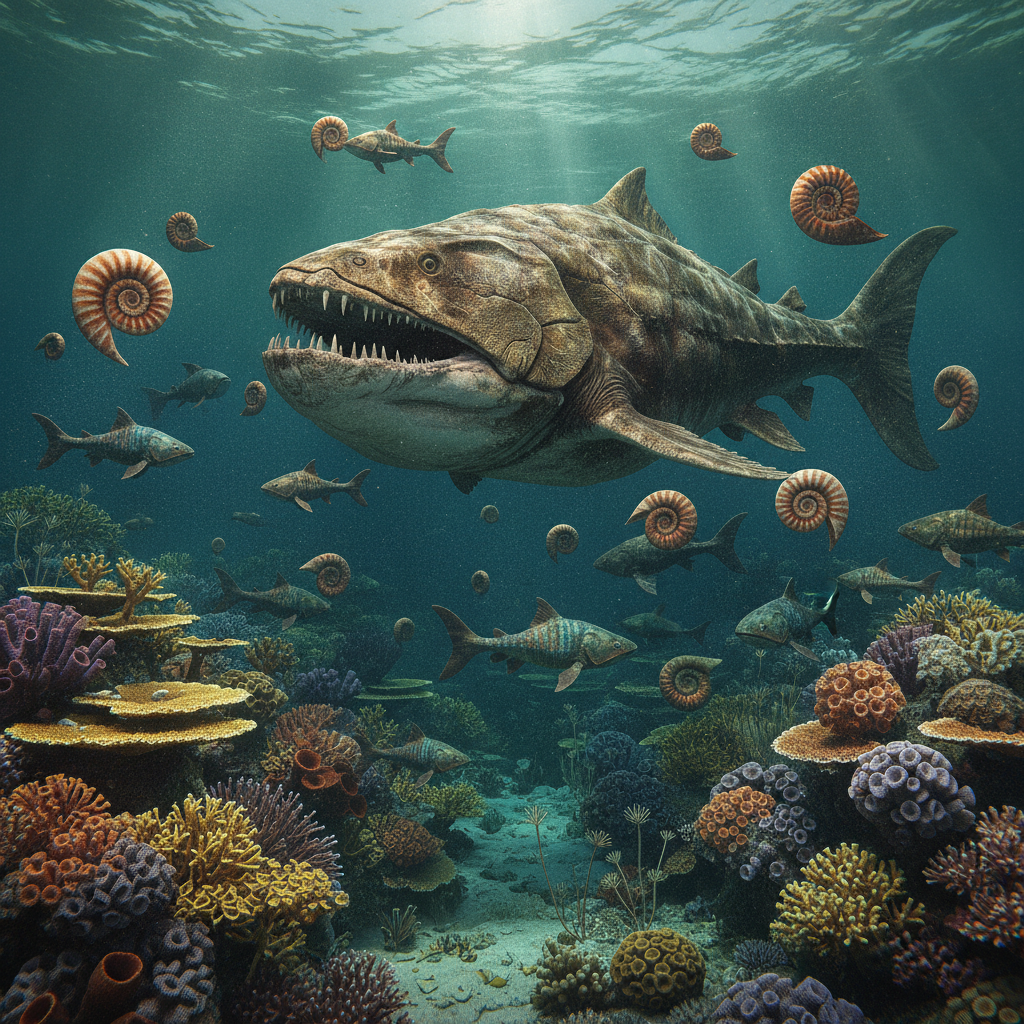Ricostruzione iperrealistica di creature marine del Devoniano superiore nel loro habitat naturale