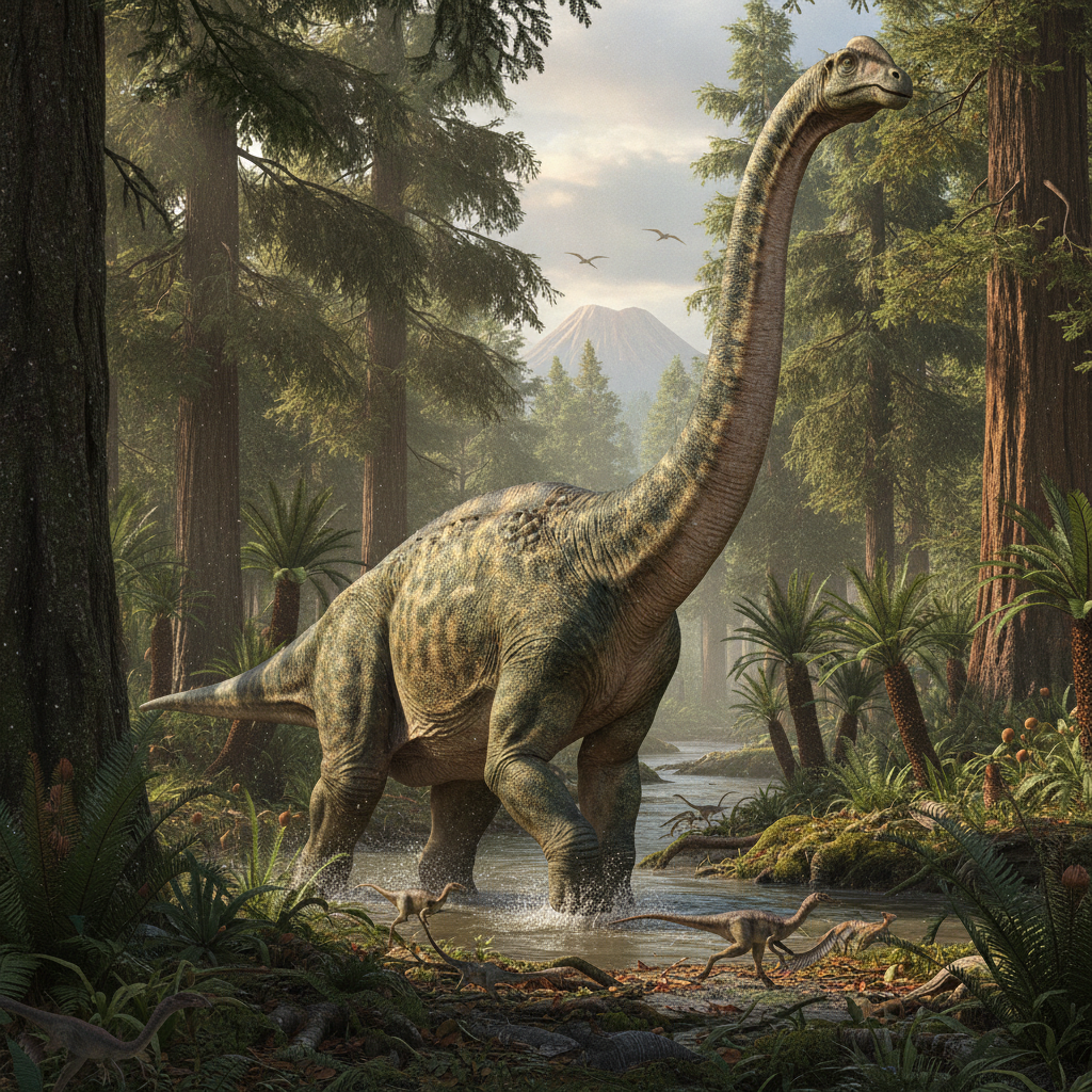 Ricostruzione iperrealistica di un dinosauro nel suo habitat giurassico con dettagli anatomici e ambientali