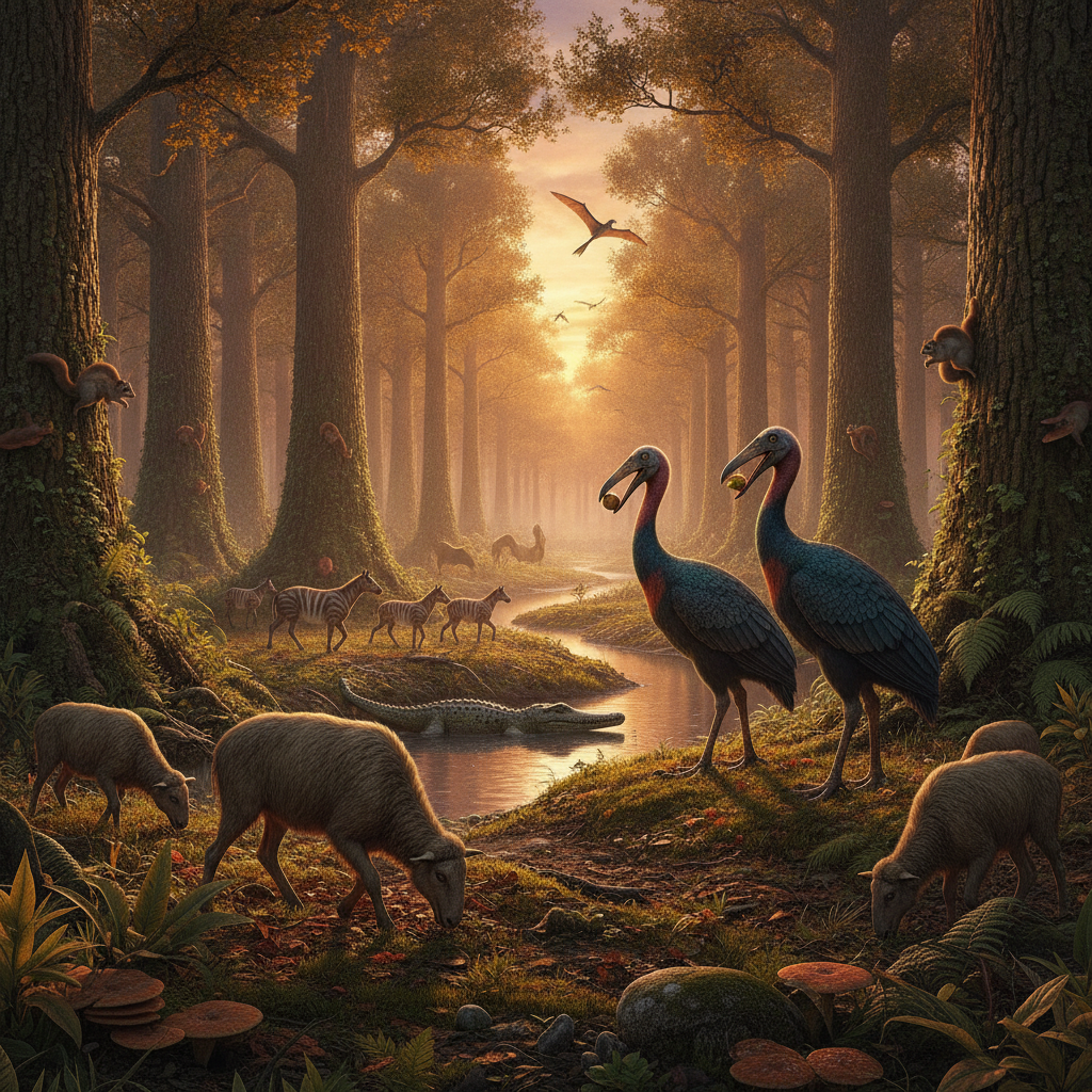 Ricostruzione iperrealistica di un ambiente del Paleogene con fauna e flora dettagliate