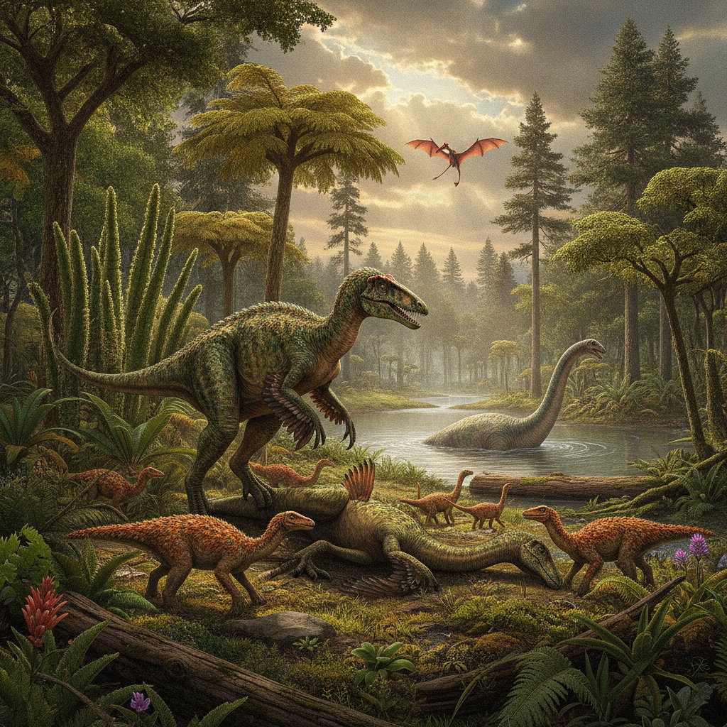 Ricostruzione iperrealistica di un paesaggio triassico con dinosauri e flora tipica del periodo