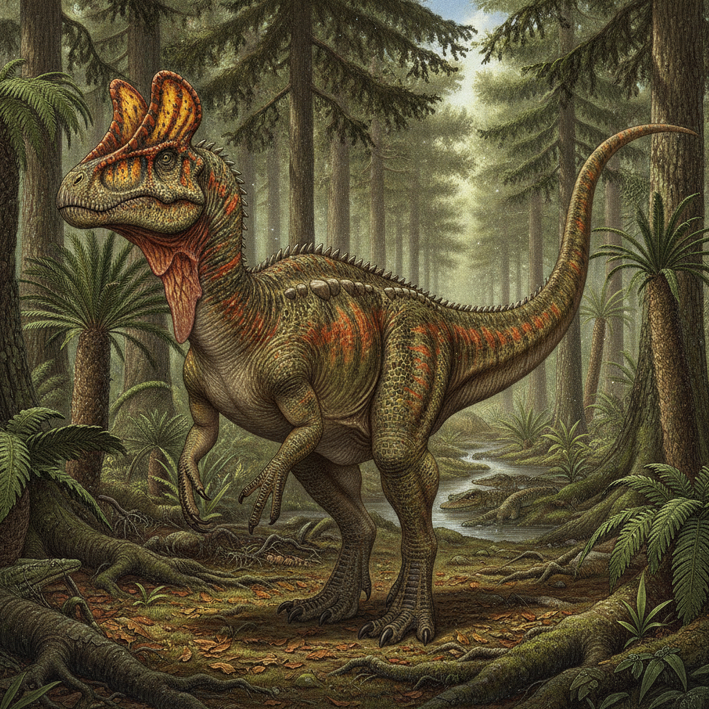 Ricostruzione iperrealistica di un dinosauro del Triassico-Giurassico nel suo habitat naturale con dettagli anatomici
