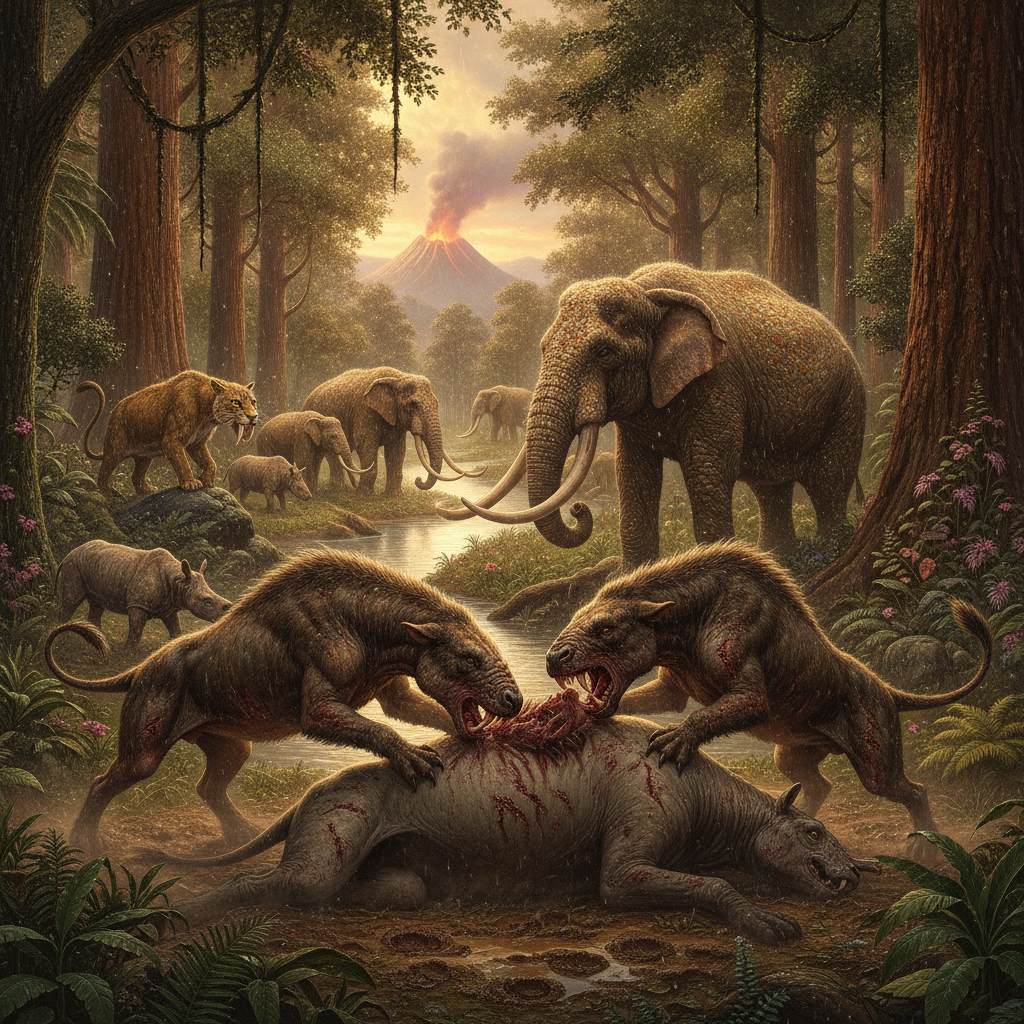 Rappresentazione dettagliata di mammiferi del Cenozoico in un ambiente naturale, evidenziando anatomia e biomeccanica avanzata