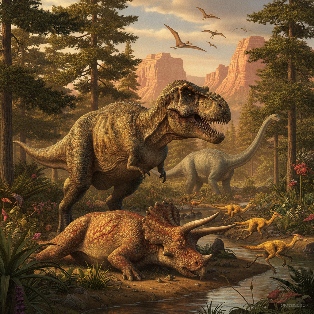 Ricostruzione Paleoecologica del Cretaceo Ricostruzione iperrealistica di un paesaggio del Cretaceo con dinosauri e piante tipiche del periodo