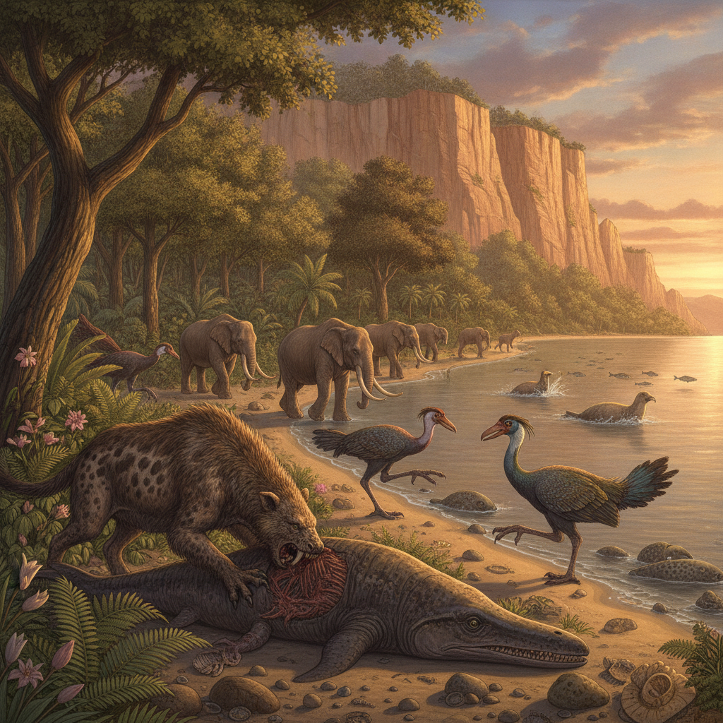 Ricostruzione iperrealistica di un ambiente del Paleogene con fauna e flora tipiche dell'epoca