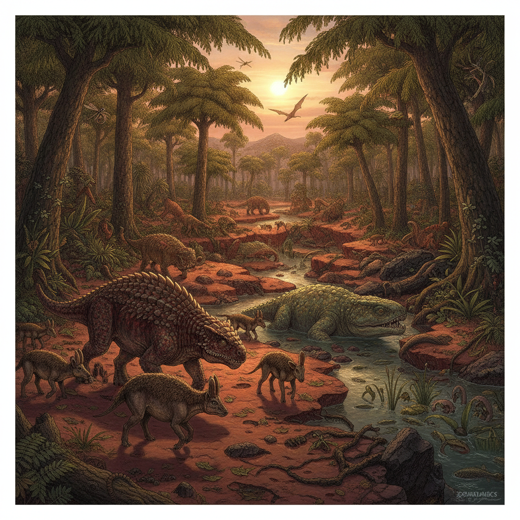 Ricostruzione iperrealistica di un paesaggio del Permiano-Triassico con fauna e flora tipiche dell'epoca