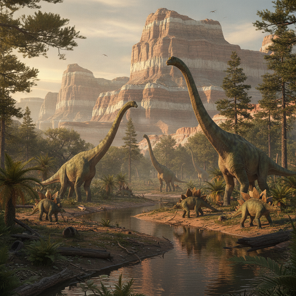 Dinosauri erbivori in un ambiente paleoecologico, con dettagli geologici e stratigrafici realistici