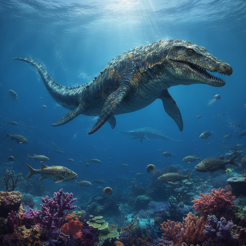Ricostruzione Realistica di Mosasaurus hoffmannii Raffigurazione iperrealistica di Mosasaurus hoffmannii nel suo habitat marino preistorico, con dettagli anatomici e texture della pelle