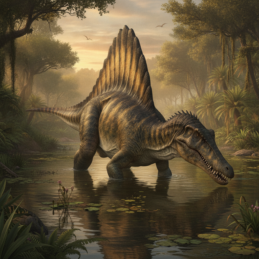 Spinosaurus aegyptianus nel suo habitat naturale, dettagli anatomici e ambientali realistici