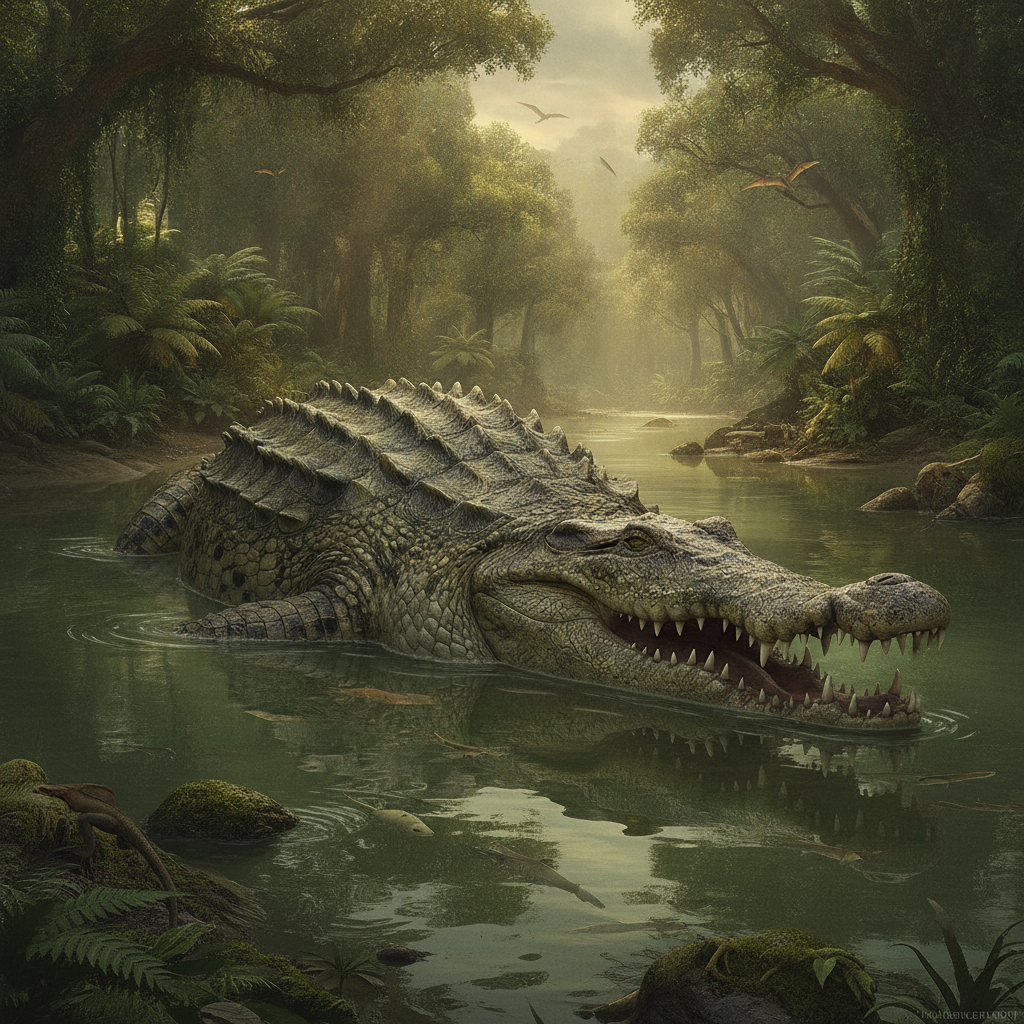 Rappresentazione iperrealistica di Sarcosuchus imperator con dettagli anatomici e ambiente del Cretaceo