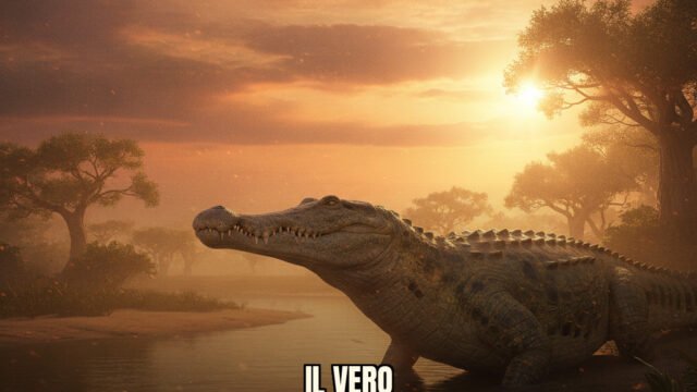 Ricostruzione iperrealistica di Sarcosuchus imperator in un ambiente paludoso del Cretaceo, con dettagli della pelle e vegetazione circostante