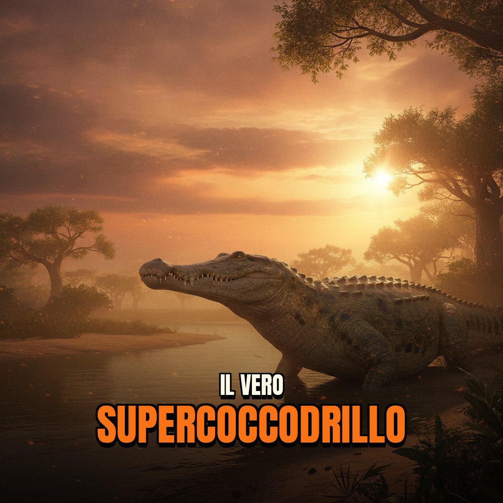 Ricostruzione iperrealistica di Sarcosuchus imperator in un ambiente paludoso del Cretaceo, con dettagli della pelle e vegetazione circostante