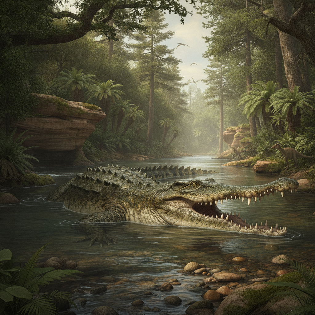Ricostruzione paleoartistica di Sarcosuchus imperator in un ambiente fluviale del Cretaceo, con dettagli anatomici realistici