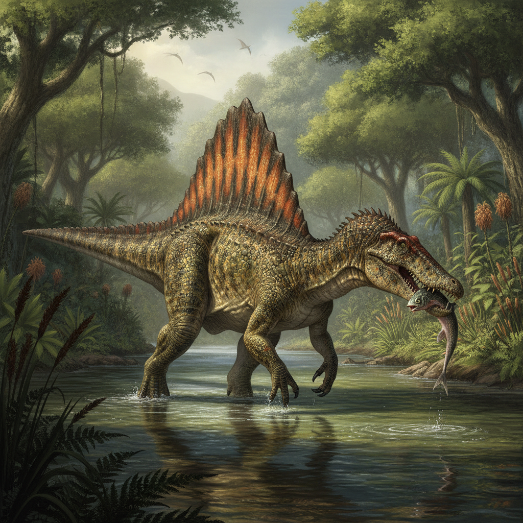 Ricostruzione iperrealistica di Spinosaurus aegyptianus nel suo habitat naturale, mostrando dettagli anatomici e biomeccanici
