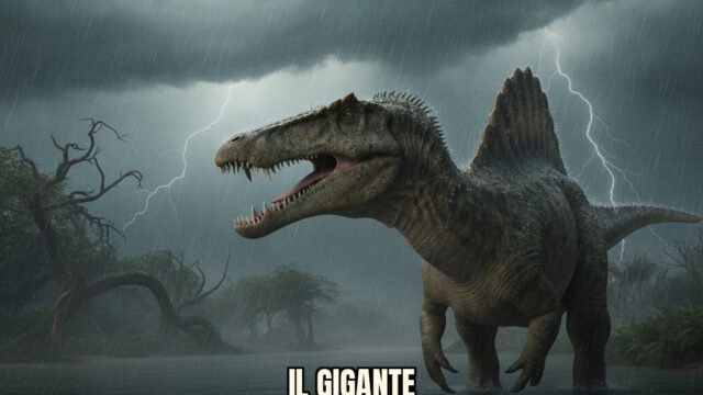 Ricostruzione iper-realistica dello Spinosaurus aegyptianus in un ambiente fluviale con vegetazione lussureggiante